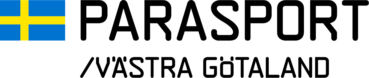 Logotyp: Sveriges flagga (gult kors på blå botten) med texten Parasport/Västergötland i stora gula bokstäver.